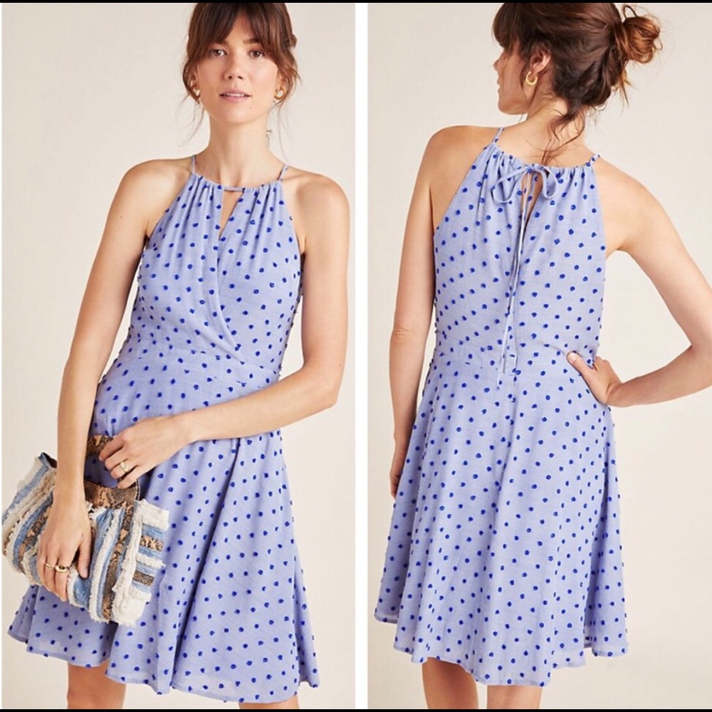 Blue polka dotted a-line dress ATHROPOLOGIE